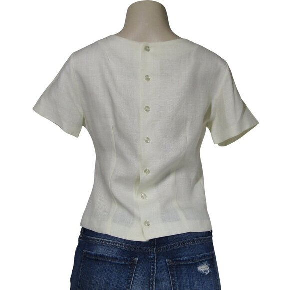 VTG 50s LINEN Blend Beige Lace Cutwork Crop Blouse Demure Mad Men Fairy Mod M - Picture 4 of 6